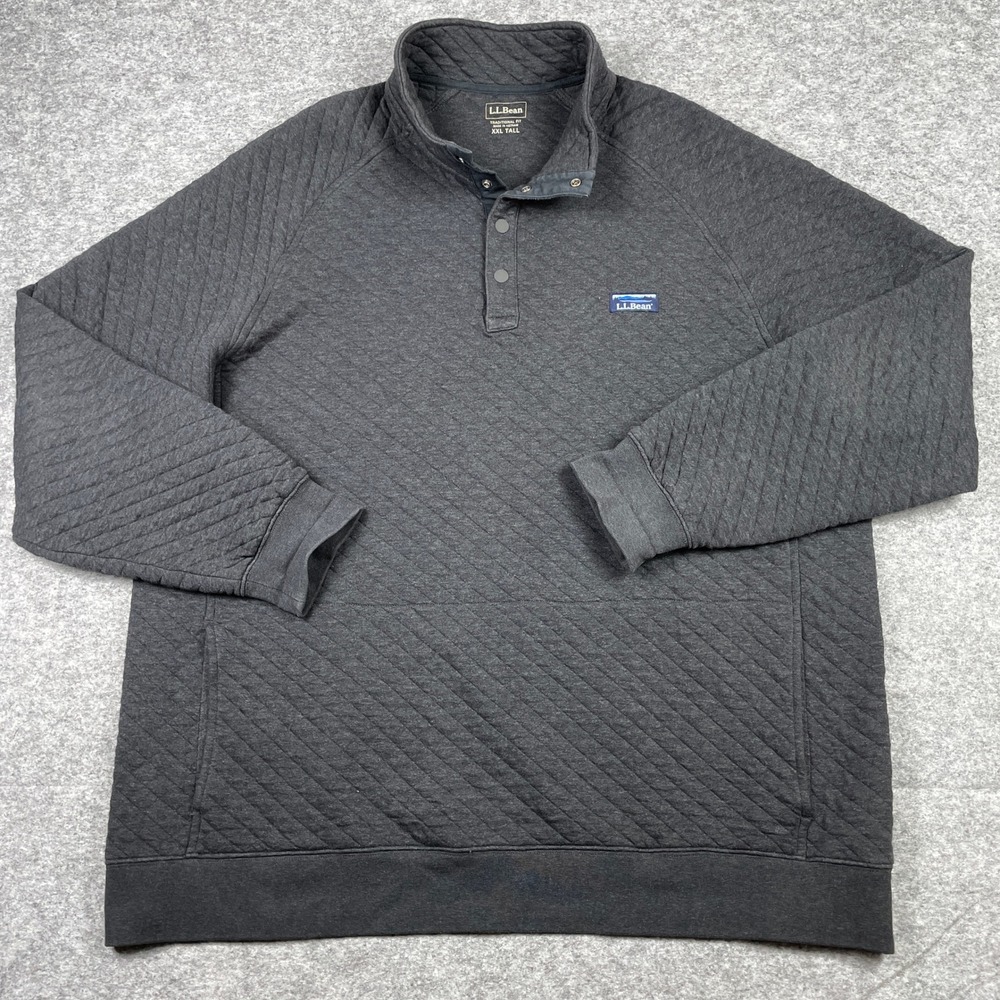 LL Bean Pullover Mens XXL Tall Gray Quilted Snap Mock Neck Traditional Fit